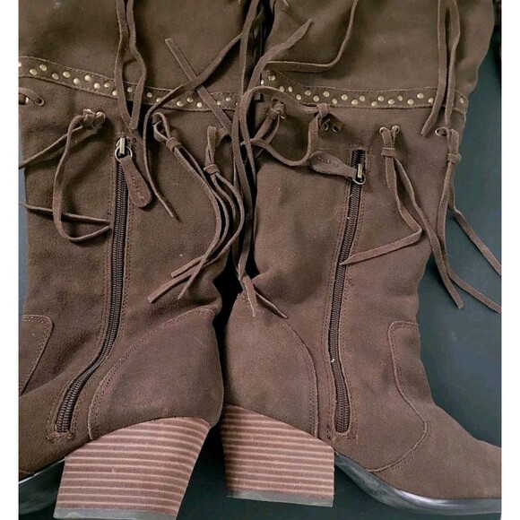 Anthropologie Mojo Moxy “Frilled” Brown Fringe Knee-High Boots 8.5 Boho Western - Picture 11 of 14